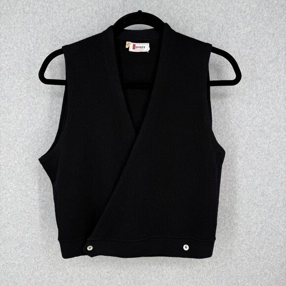 Coffees Womens VTG 70s Wool Cross Front Sweater Knit Vest Size L Black Wrap Prep - Picture 1 of 9